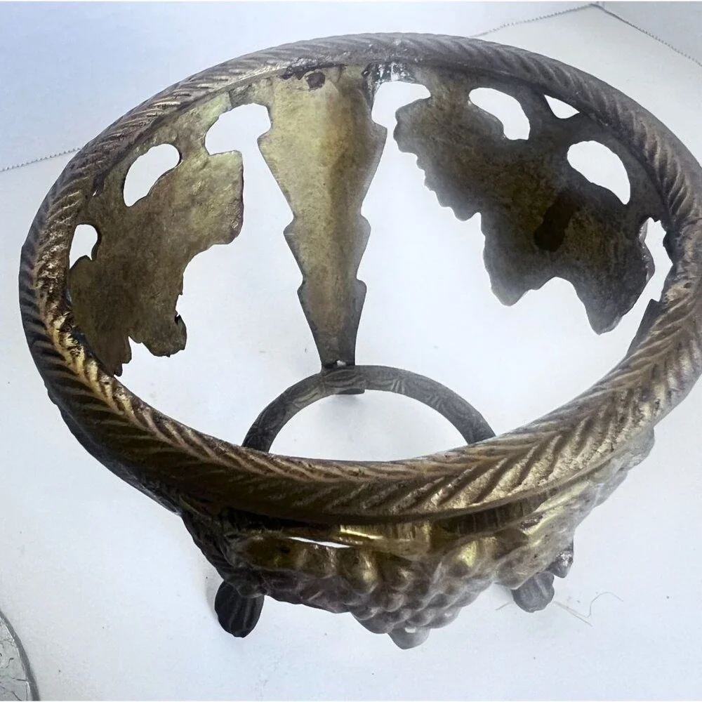 Vtg Brass Crackle Glass Candle‎ Holder Vase Compote Bowl Grape Motif Design **